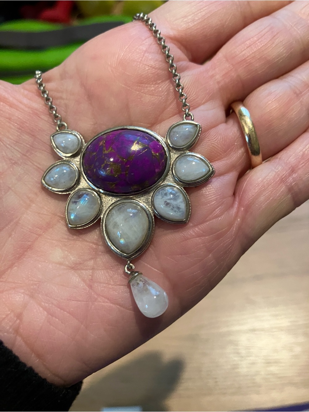 Silver-Tone Necklace with Purple Statement Stone and White Moonstone Accents